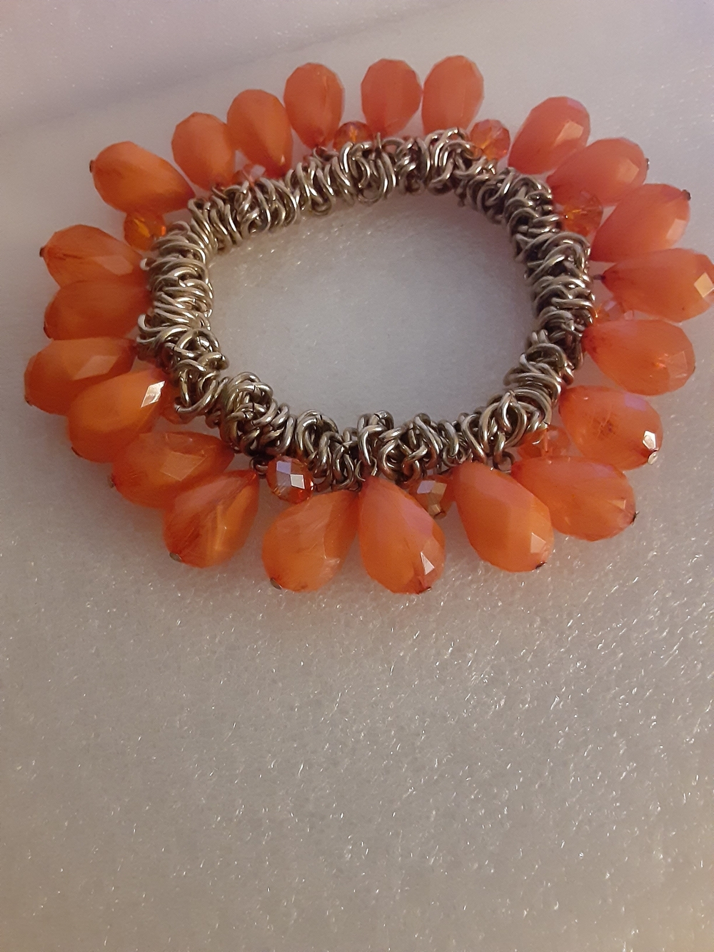 Handcrafted Orange Teardrop Bead Bracelet with Silver-Tone Chain
